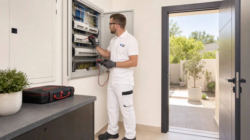 Shield Edge electrician testing a home electrical panel in a Dubai villa