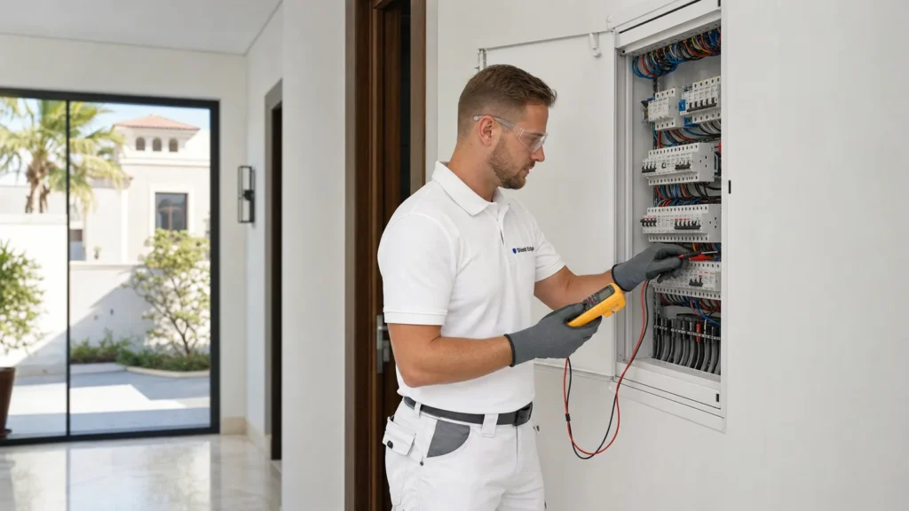 Shield Edge electrician testing circuit breakers in a Dubai villa electrical panel