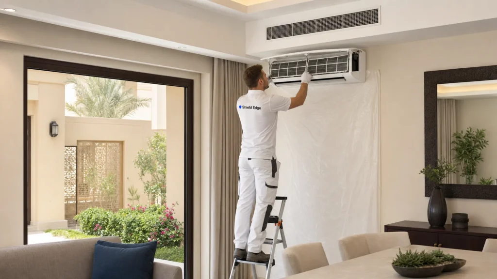 Shield Edge technician servicing a wall-mounted AC unit in a Dubai villa