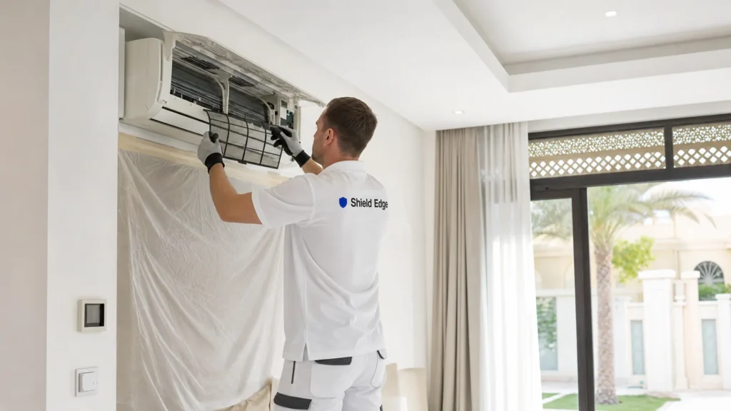 Shield Edge technician cleaning the filter of a wall-mounted AC unit in a Dubai villa