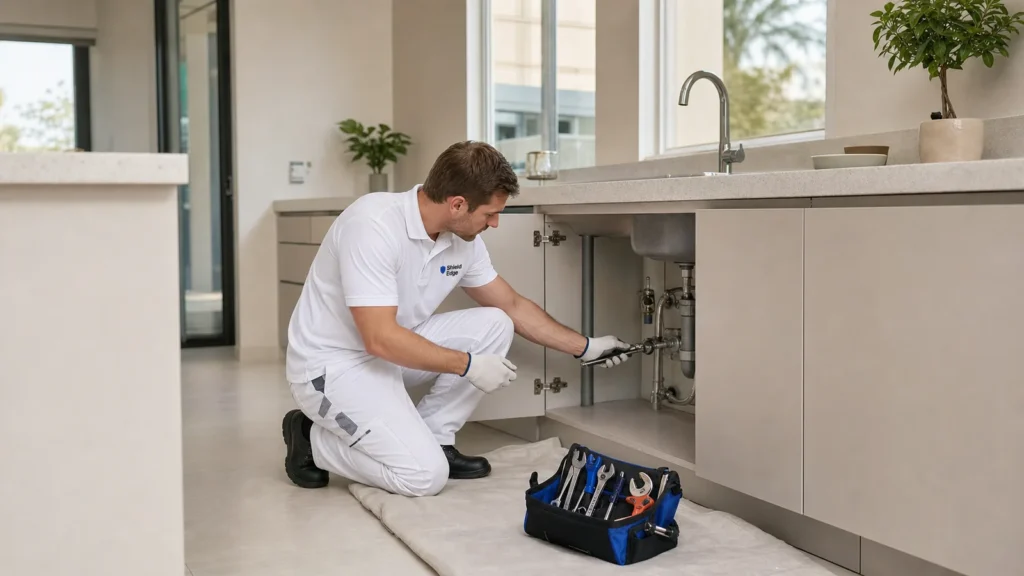 Shield Edge plumber repairing pipework under a kitchen sink