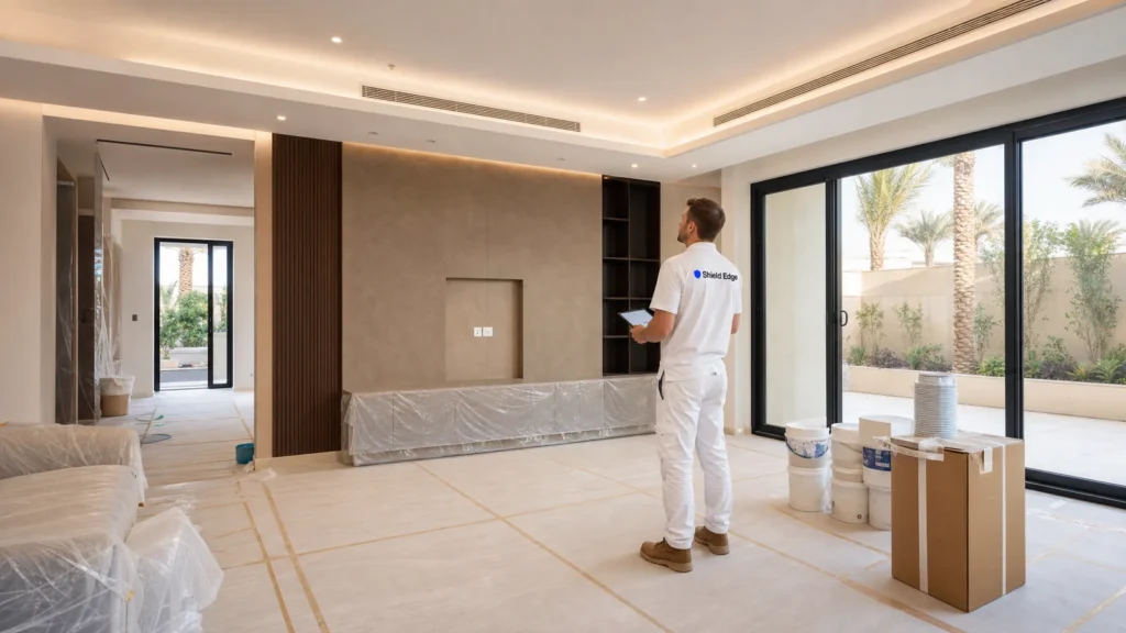 Shield Edge team member reviewing a completed villa living room renovation in Dubai