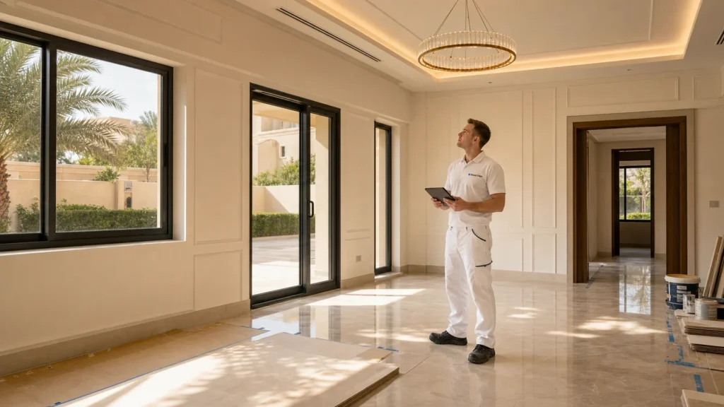 Shield Edge team member inspecting a completed luxury villa renovation in Dubai