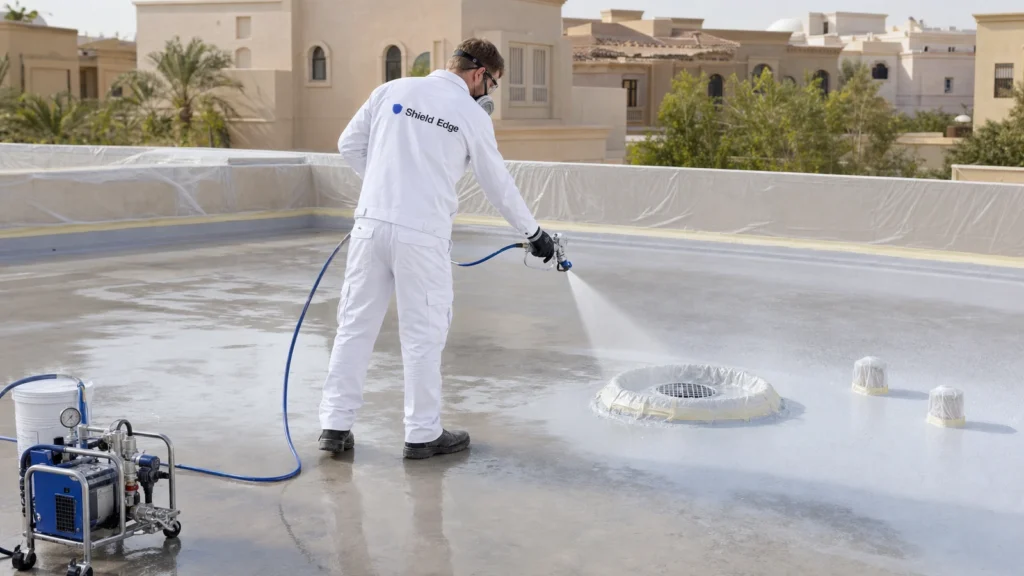 Shield Edge technician applying roof waterproofing membrane on a Dubai villa