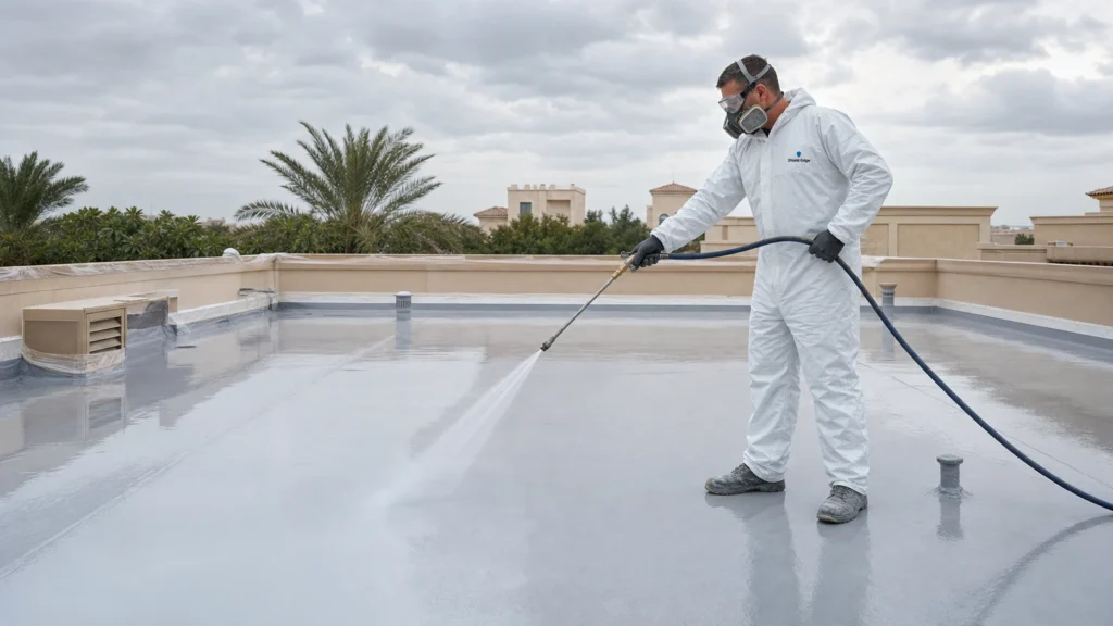 Technician spray-applying waterproofing coating to a flat villa roof in Dubai