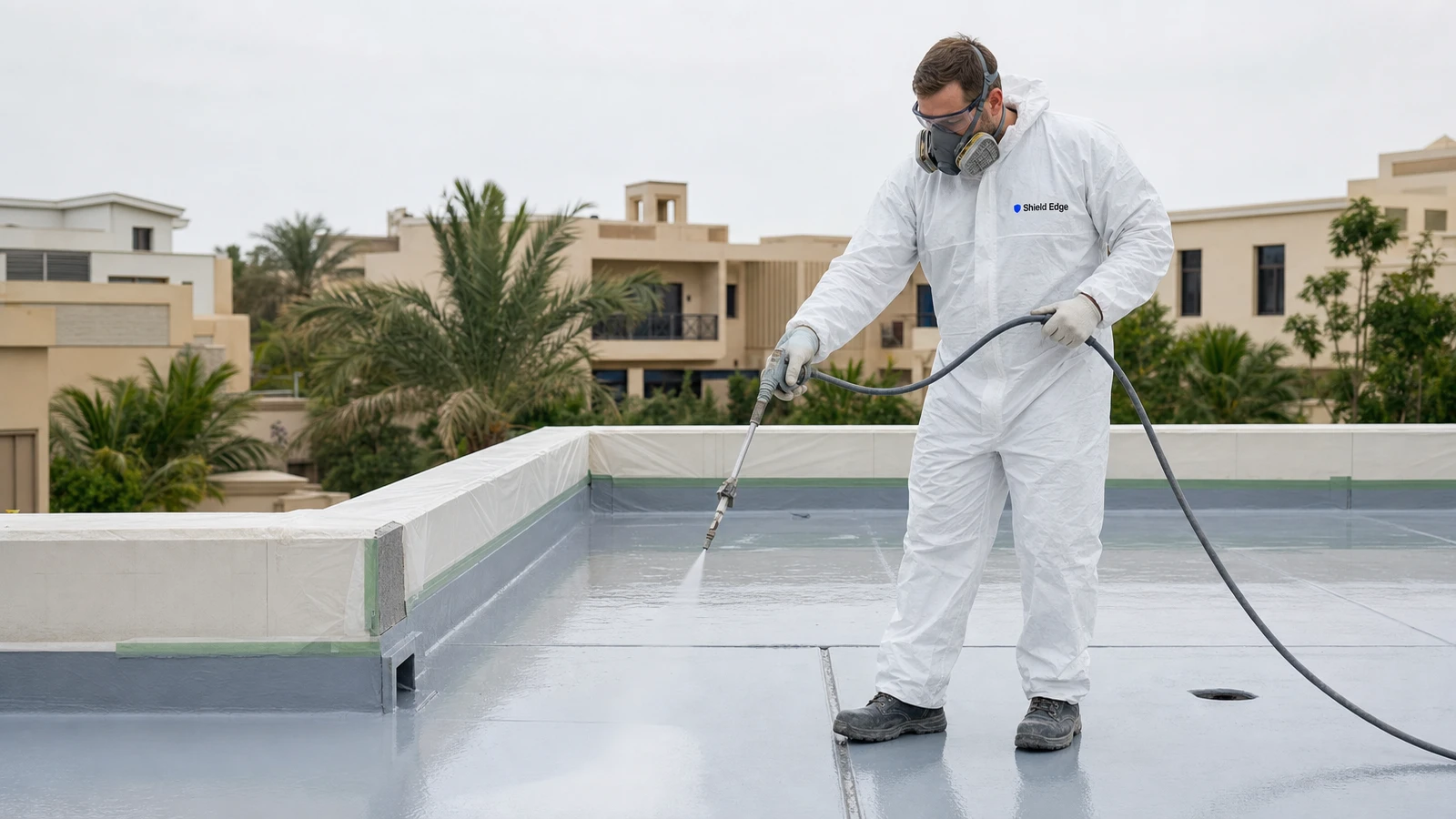 Shield Edge technician spray-applying reflective heatproofing coating to a flat villa roof in Dubai