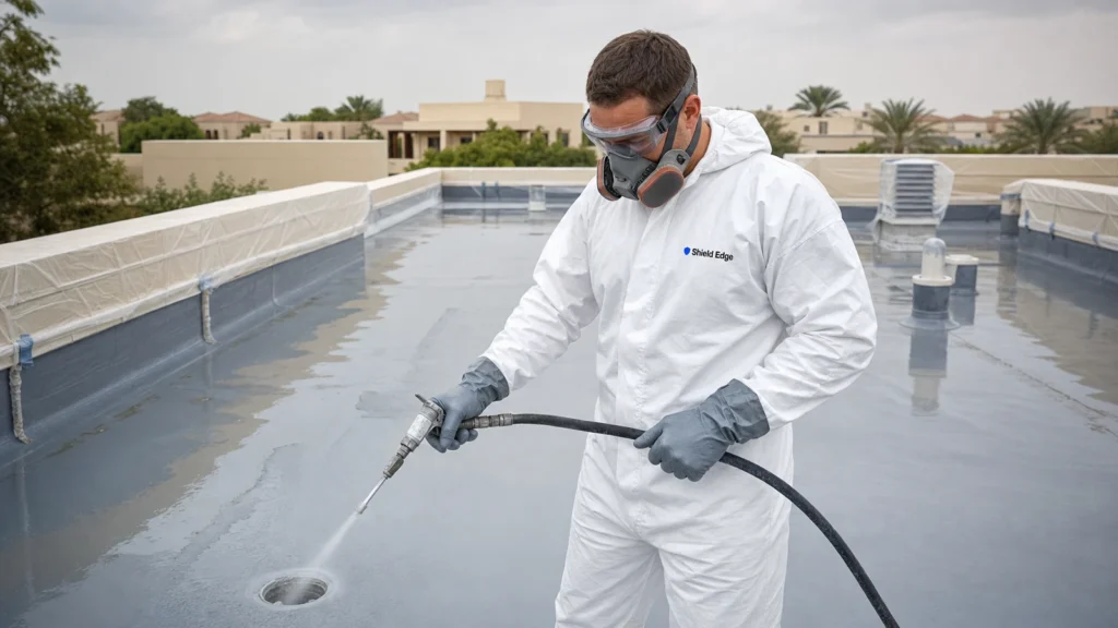 Shield Edge technician applying waterproofing coating around a roof drain outlet