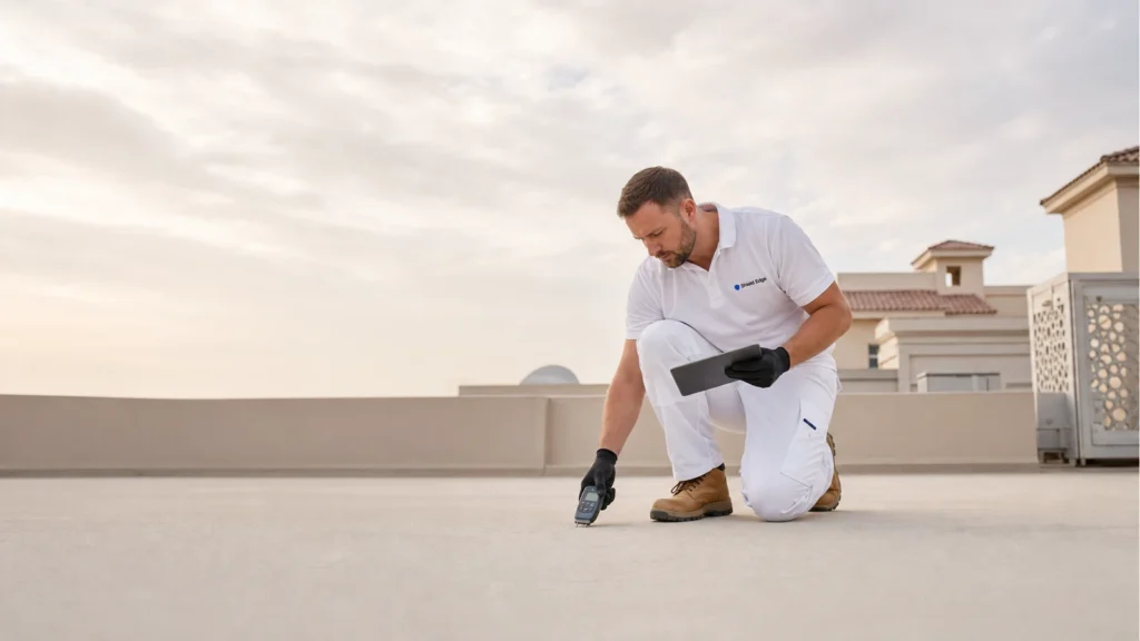 Shield Edge technician inspecting a Dubai villa roof with a moisture meter
