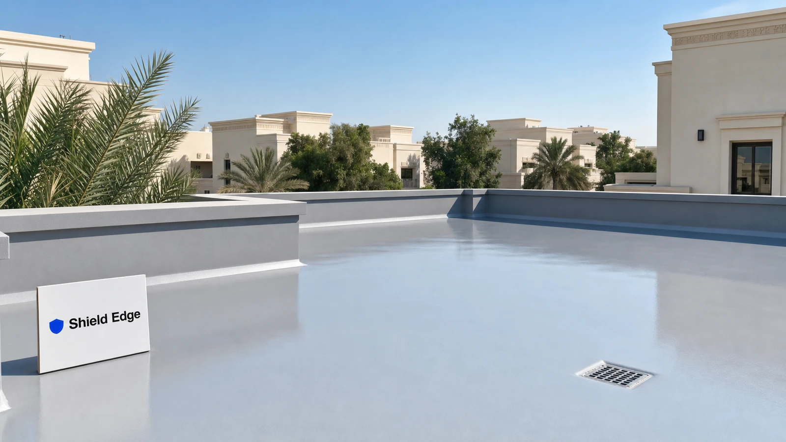 A freshly completed, seamless waterproofed flat villa roof in Dubai with a Shield Edge branded site sign, showing the quality of a properly done waterproofing job.