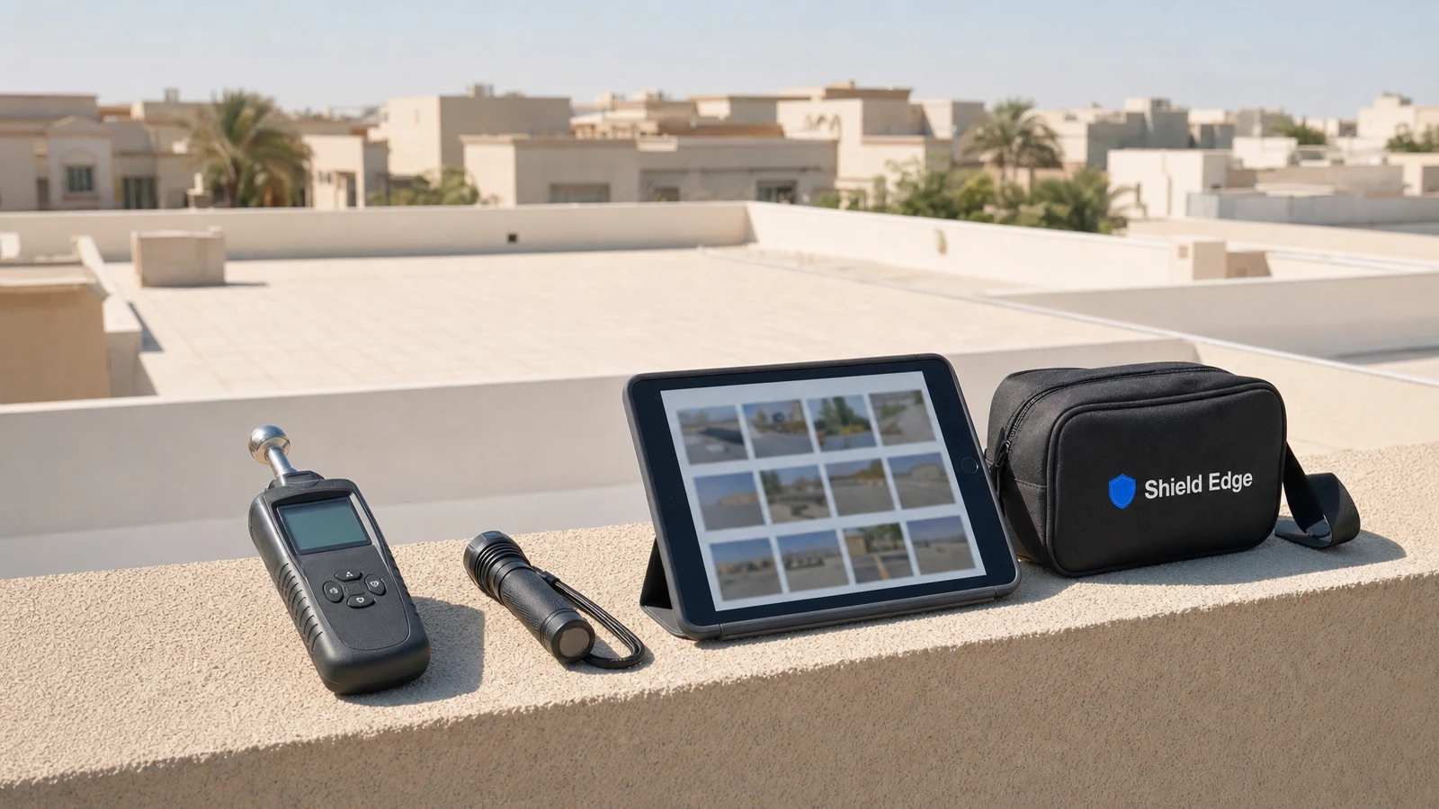 Annual roof inspection tools including a moisture meter, torch, and tablet with photo records, next to a Shield Edge branded pouch on a villa rooftop, representing the yearly check-in that keeps a warranty active.