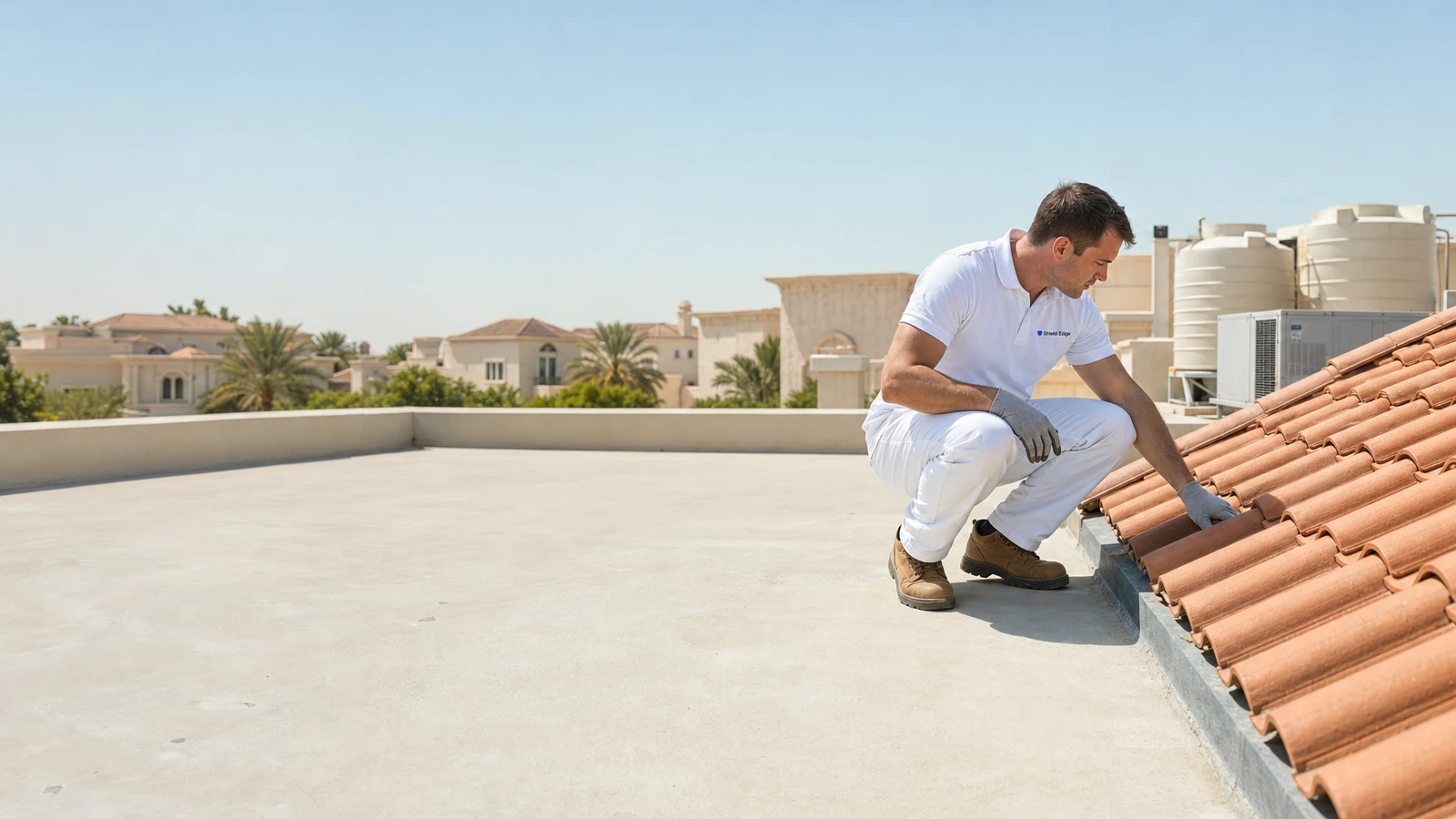 Shield Edge technician inspecting the junction between pitched tile and flat roof on an Arabian Ranches villa