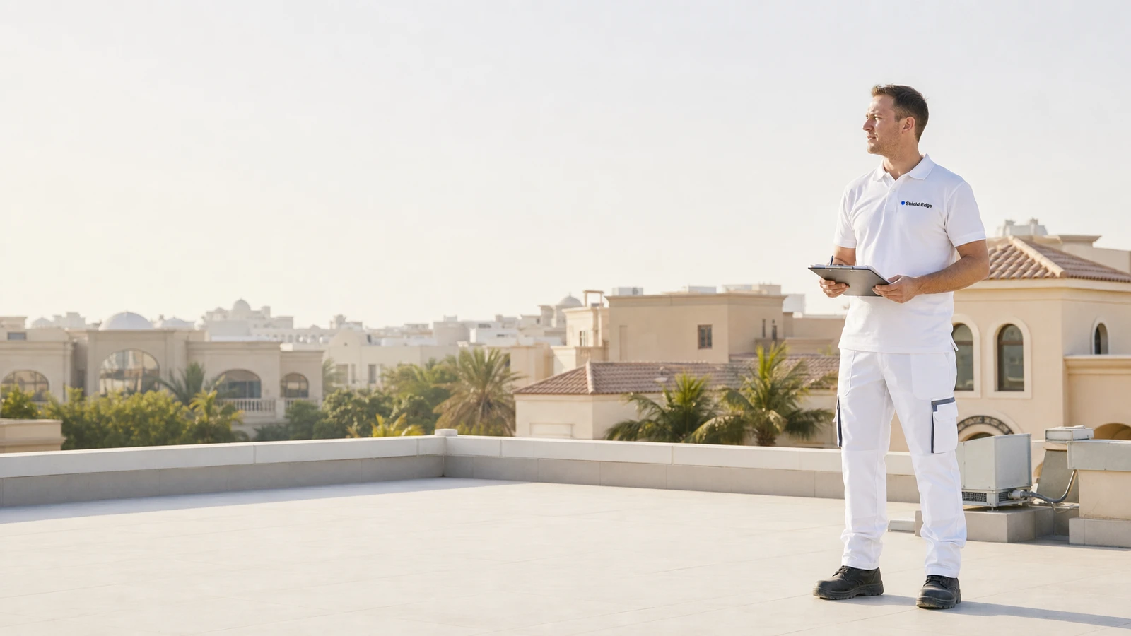 Shield Edge technician surveying completed flat villa roofs across a Dubai community