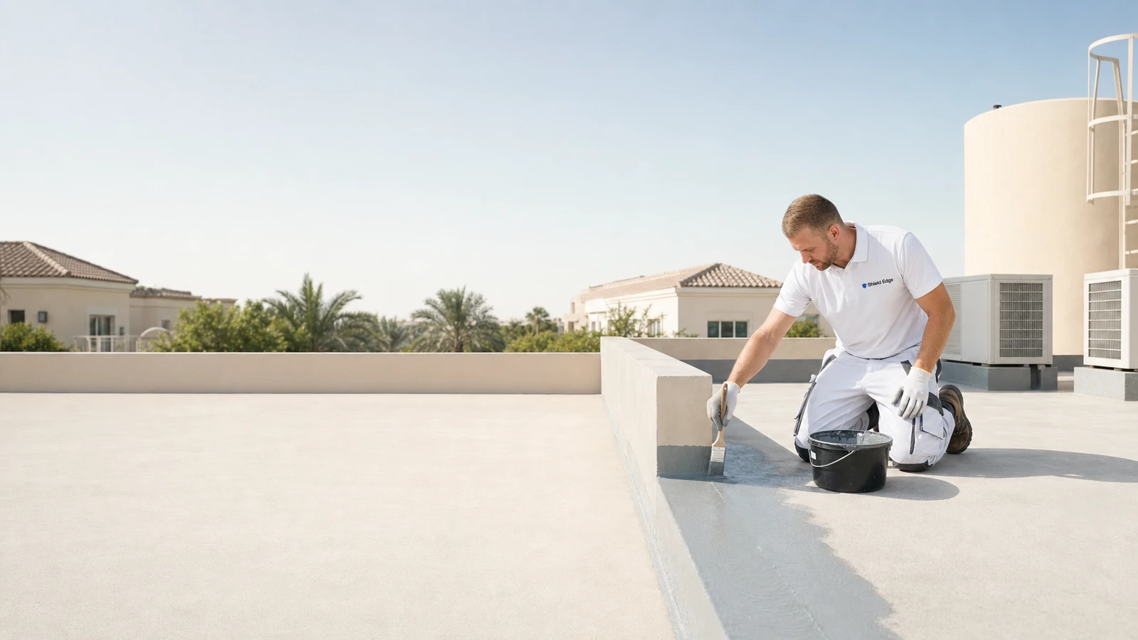 Shield Edge technician applying waterproofing membrane into the parapet upstand angle on a Damac Hills villa roof
