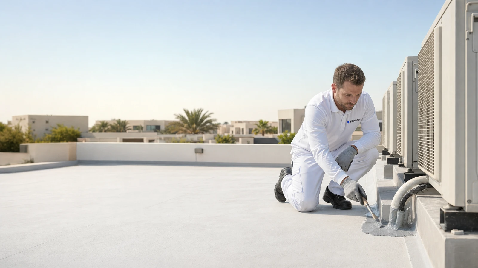 Shield Edge technician detailing waterproofing membrane around rooftop air conditioning units in Dubai Hills Estate