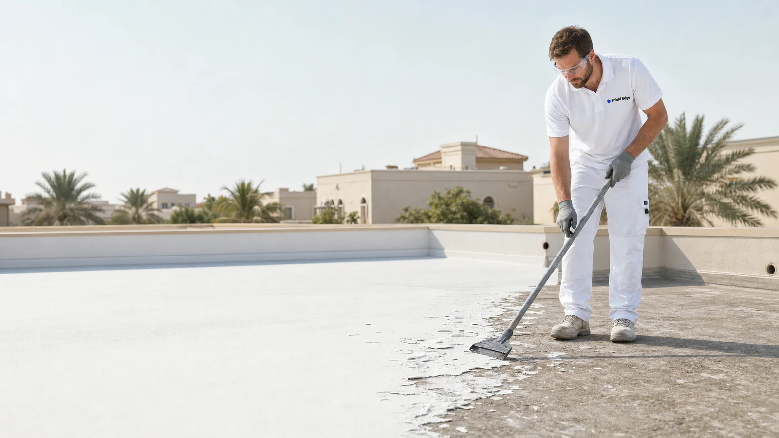 Shield Edge technician scraping back failed old roof coating on a Jumeirah Park villa roof