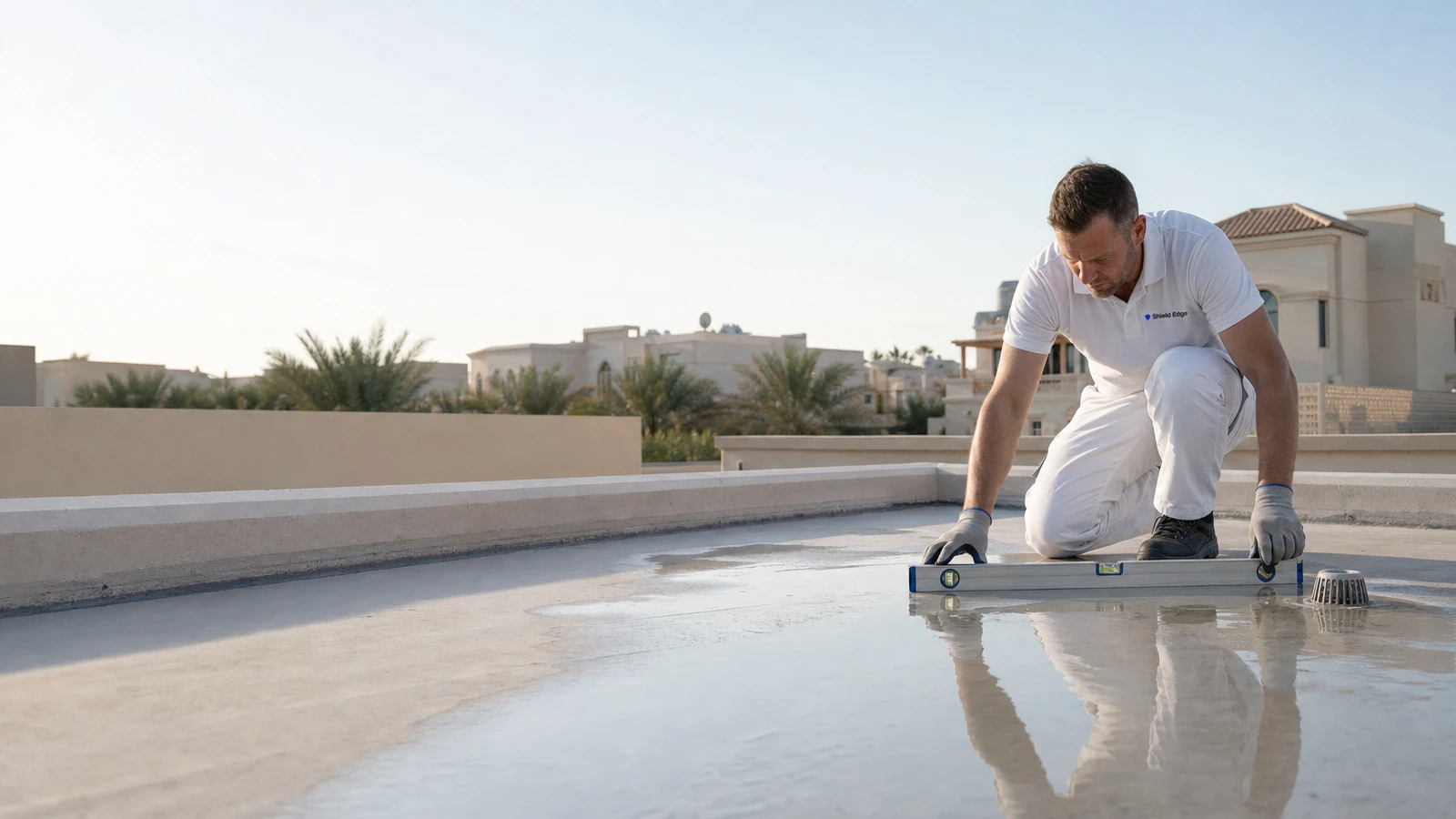 Shield Edge technician checking the fall towards a roof outlet beside standing water on a Nadd Al Hammar villa roof