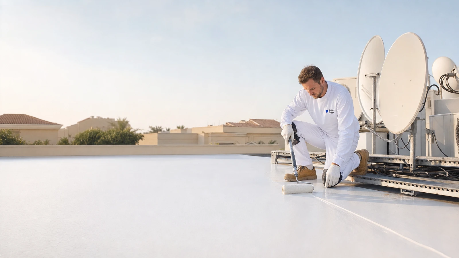 Shield Edge technician working around satellite and communications equipment on a congested Villanova villa roof